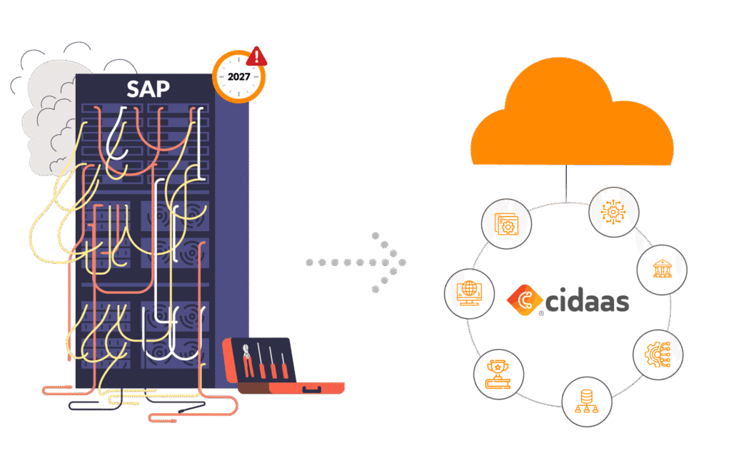 goodbye sap idm end of life- sap server with smoke, next to it cidaas as alternative